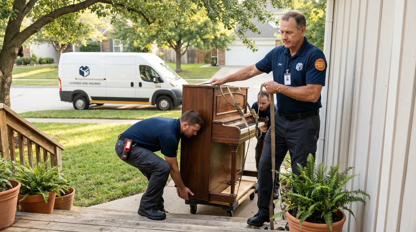Licensed piano movers securing grand piano in King City, MO