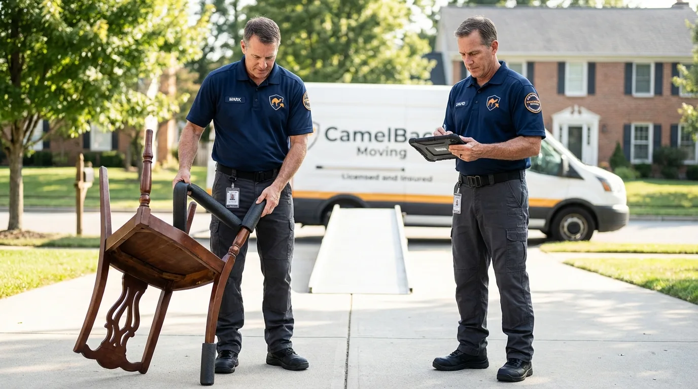 Movers inspecting furniture for damage prevention before loading in King City, MO