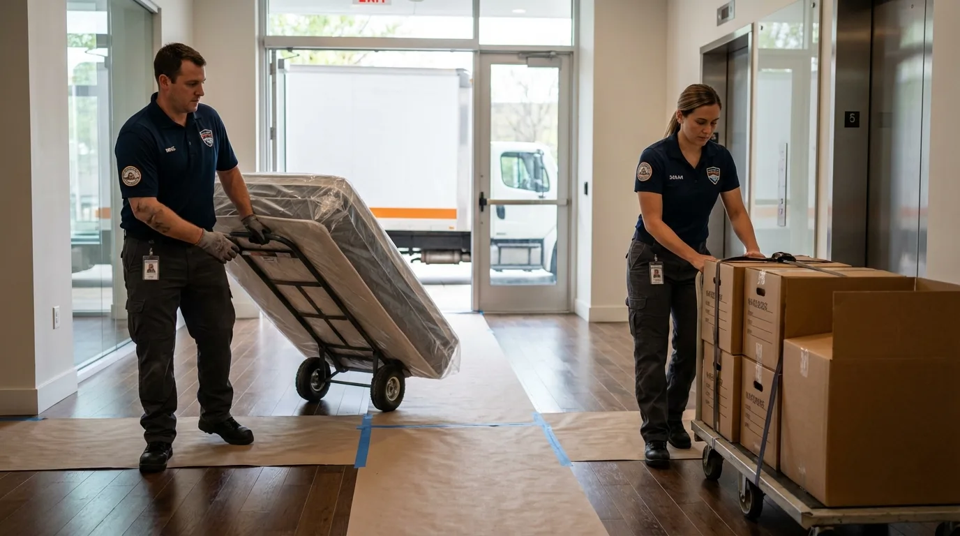 Professional apartment movers loading elevator in King City, MO